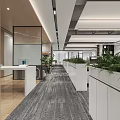 Modern Open Public Office Space With Green Plant Planters Work Desks And Office Chairs
