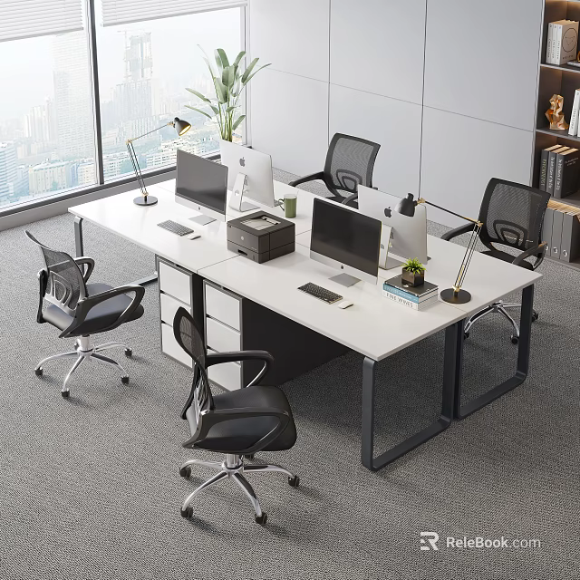 Modern Office Desk With Multiple Computers Office Chairs Desk Lamps And Potted Plant 3d model 