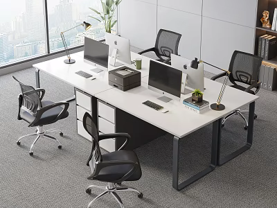 Modern Office Desk With Multiple Computers Office Chairs Desk Lamps And Potted Plant 3d model