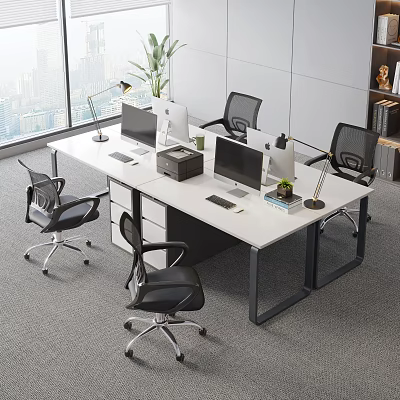 Modern Office Desk With Multiple Computers Office Chairs Desk Lamps And Potted Plant 3d model