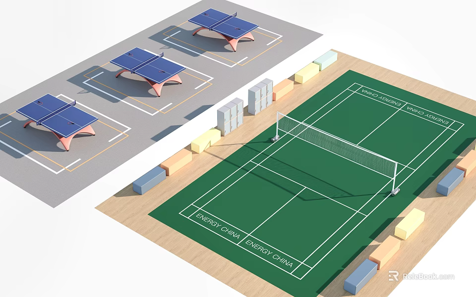 Outdoor Tennis Court With Green Surface Net And Surrounding Ping Pong Tables 3d model 