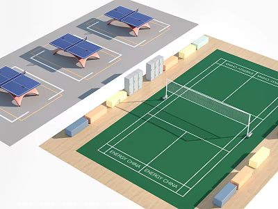 Outdoor Tennis Court With Green Surface Net And Surrounding Ping Pong Tables 3d model