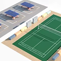 Outdoor Tennis Court With Green Surface Net And Surrounding Ping Pong Tables