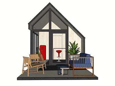 Modern Wooden Cabin Exterior With Patio Furniture Green Plant And Windows 3d model