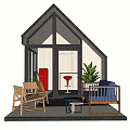 Modern Wooden Cabin Exterior With Patio Furniture Green Plant And Windows
