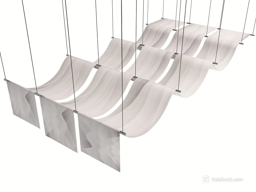 Modern White Ceiling Drapery Design With Hanging Wires And Wavy Fabric Curtains 3d model 