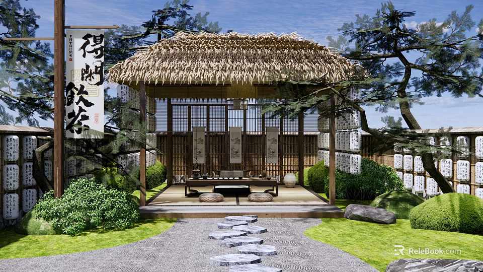 Traditional Japanese Courtyard Garden with Thatched Roof Tea House Stone Path and Green Plants 3d model 