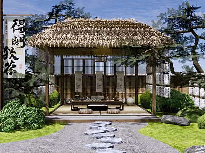 Traditional Japanese Courtyard Garden with Thatched Roof Tea House Stone Path and Green Plants 3d model
