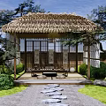 Traditional Japanese Courtyard Garden with Thatched Roof Tea House Stone Path and Green Plants