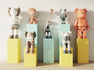 Vibrant Display Pedestals Featuring Various Art Toy Characters 3d model