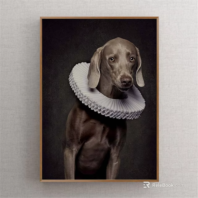 Brown Dog Portrait Painting With White Ruffled Collar On Dark Background 3d model 