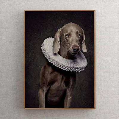 Brown Dog Portrait Painting With White Ruffled Collar On Dark Background 3d model