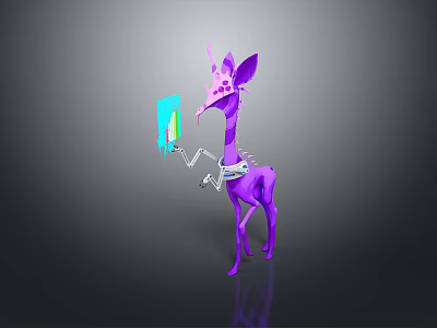 Purple Mechanical Giraffe Character Holding Digital Tablet With Metal Arms 3d model