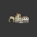 Mediterranean Building Model With Orange Roofs Balconies Street Lamp And Waterfront Outdoor Seating