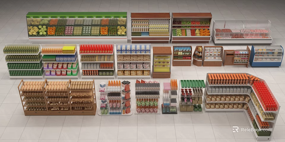Retail Display Shelves with Fruits Vegetables Beverages Canned Goods and Bread in Organized Supermarket Layout 3d model 