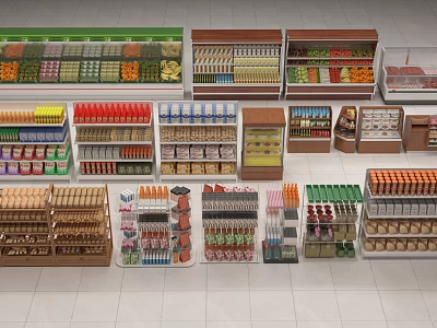Retail Display Shelves with Fruits Vegetables Beverages Canned Goods and Bread in Organized Supermarket Layout 3d model