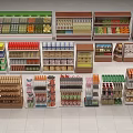 Retail Display Shelves with Fruits Vegetables Beverages Canned Goods and Bread in Organized Supermarket Layout