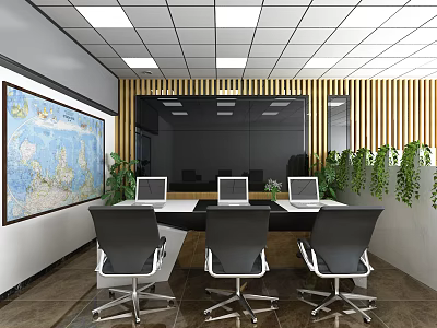 Monitoring Room Interior With Large Map Laptop Computers Desks Wooden Striped Wall And Green Plants 3d model