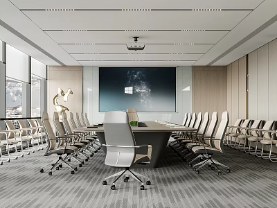 Modern Conference Room With Long Meeting Table Ergonomic Chairs And Large Projection Screen 3d model