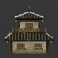 Two Story Ancient Chinese Building With Tile Roof Eave Decorations Red Lanterns And Wooden Windows