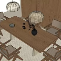 Dining Table Set With Wooden Top Six Chairs Hanging Lights Wooden Wall And Window Blinds