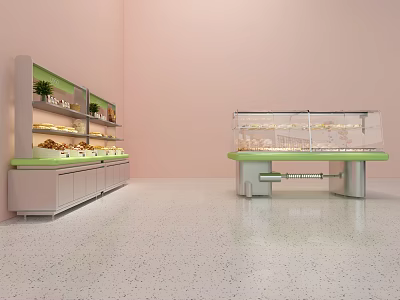Modern Display Shelves with Multi Tiered Racks Glass Showcase Green Countertop and Decorative Plants 3d model