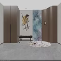 Modern Wooden Entryway Cabinet Side Cabinet With Bench Round Rug And Tropical Plant Wall