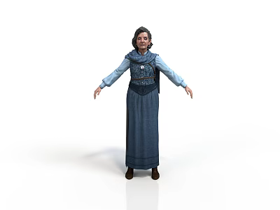 Elderly Woman Wearing Blue Dress And Blue Vest Standing With Arms Outstretched On White Background 3d model