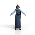 Elderly Woman Wearing Blue Dress And Blue Vest Standing With Arms Outstretched On White Background