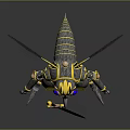 Mechanical Insect Character With Blue Wings Yellow Metallic Body And Sword Standing On Reflective Ground