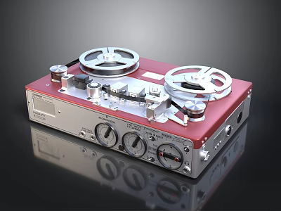 Vintage Computer Tape Recorder With Red Body Dual Reels And Control Panel Knobs 3d model