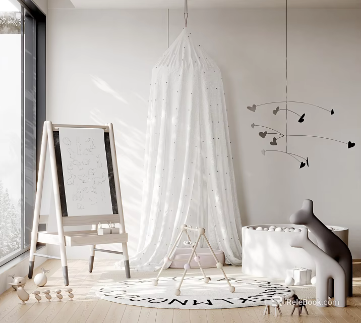 White Canopy Tent In Bright Kids Room With Natural Light And Toys 3d model 