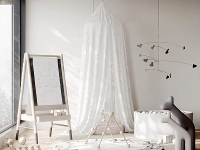 White Canopy Tent In Bright Kids Room With Natural Light And Toys 3d model