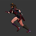 Dynamic Female Character In Action Wearing Headphones Goggles Dark Outfit Backpack Red Gloves Purple Boots