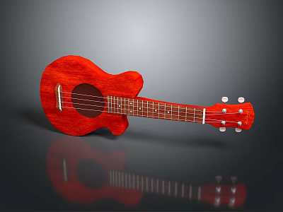 Red Wooden Ukulele With Curved Body On Shiny Black Surface For Daily Use 3d model