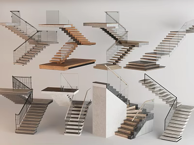 Various Modern Staircase Designs With Wooden Steps Glass Railings And Concrete Structures 3d model