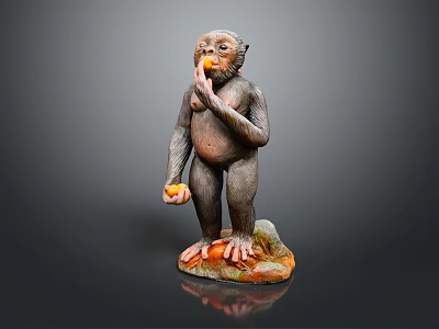 Detailed Monkey Sculpture Holding Orange Fruit Standing On Colorful Base 3d model