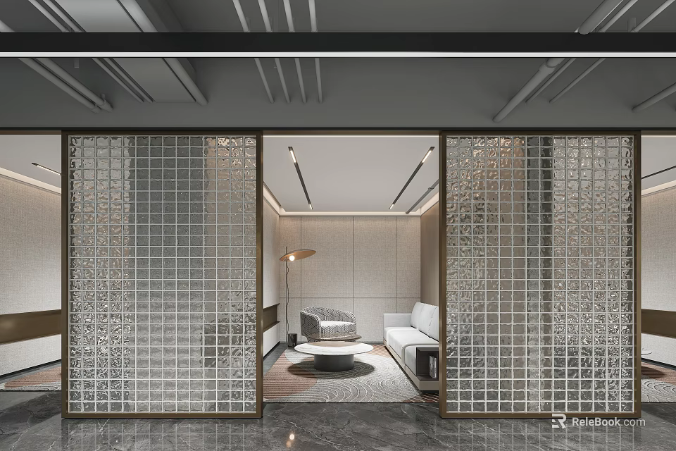 Modern Sales Office Interior Design With Lattice Partitions Sofa Round Coffee Table And Soft Lighting 3d model