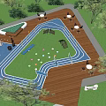 Outdoor Playground Area With Green Grass Lawn Blue Pathways And Trees