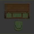 Vintage Wooden Desk With Green Leather Top Multiple Drawers And Green Carved Chair