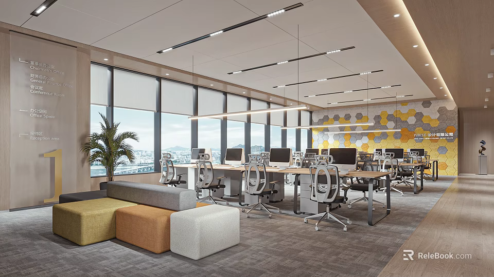 Modern Bright Public Office Space With Large Windows Palm Plant Geometric Wall And Modular Sofas 3d model