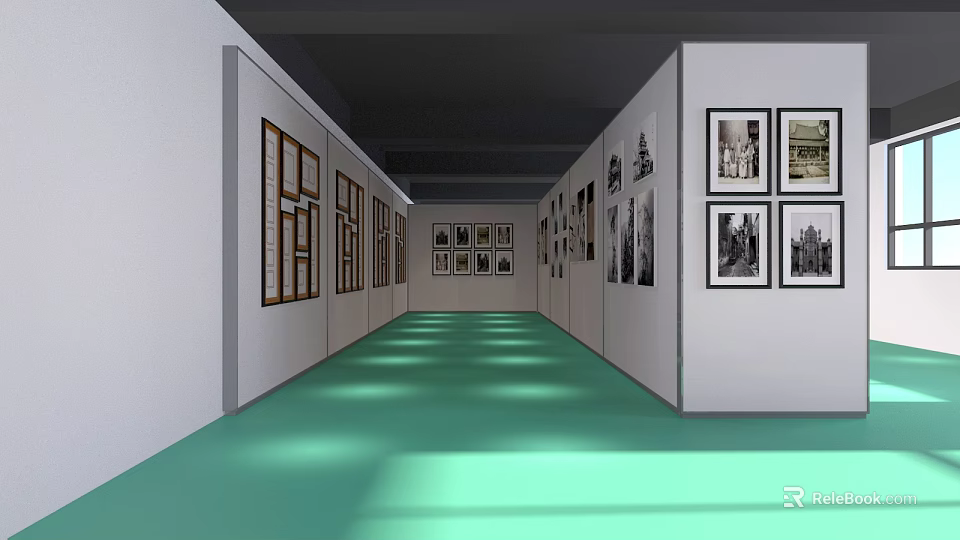 Brightly Lit Gallery Corridor With Artworks On Both Walls And Green Floor 3d model 