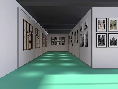 Brightly Lit Gallery Corridor With Artworks On Both Walls And Green Floor 3d model