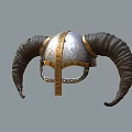 Medieval Helmet With Large Curved Horns Metallic Silver Surface And Intricate Golden Patterns