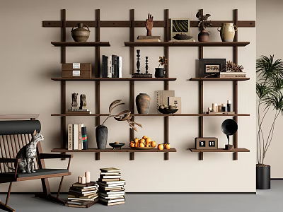Wooden Wall Shelving Unit with Decorative Vases Books Oranges Photo Frames in Home Interior 3d model
