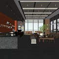 Modern Café Interior Design With Orange Walls Wooden Ceiling Coffee Bar And Cozy Seating