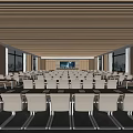 Spacious Conference Room Interior With Wooden Ceiling Large Screen Arranged Seats And City View