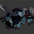 Blue Skinned Female Warrior in Armored Outfit Holding Large Axe With Skull at Feet