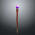 Enchanted Brown Staff With Purple Gem On Top Wooden Texture And Decorative Carvings