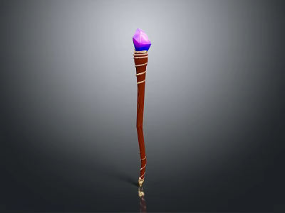 Enchanted Brown Staff With Purple Gem On Top Wooden Texture And Decorative Carvings 3d model